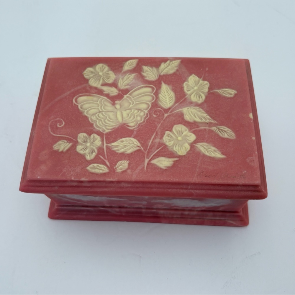 Vintage Incolay Stone Pink and Cream Trinket Box with Butterfly and Flower Motif